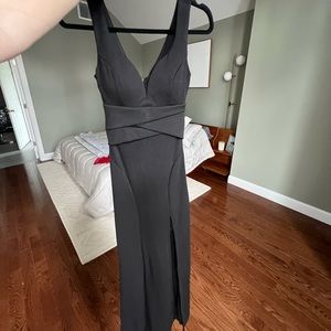 Black Padded Plunge High Slit Gown